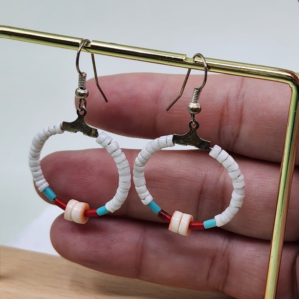White Heishi Bead Hoop Earrings Turquoise Tone Red Dangle Southwestern Artisan